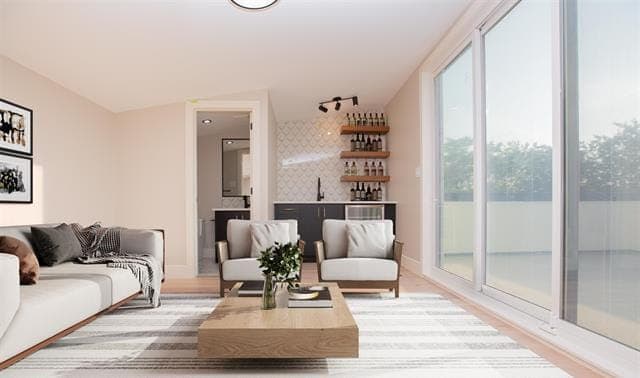 A styled loft wet bar in a recently sold Edmonton home