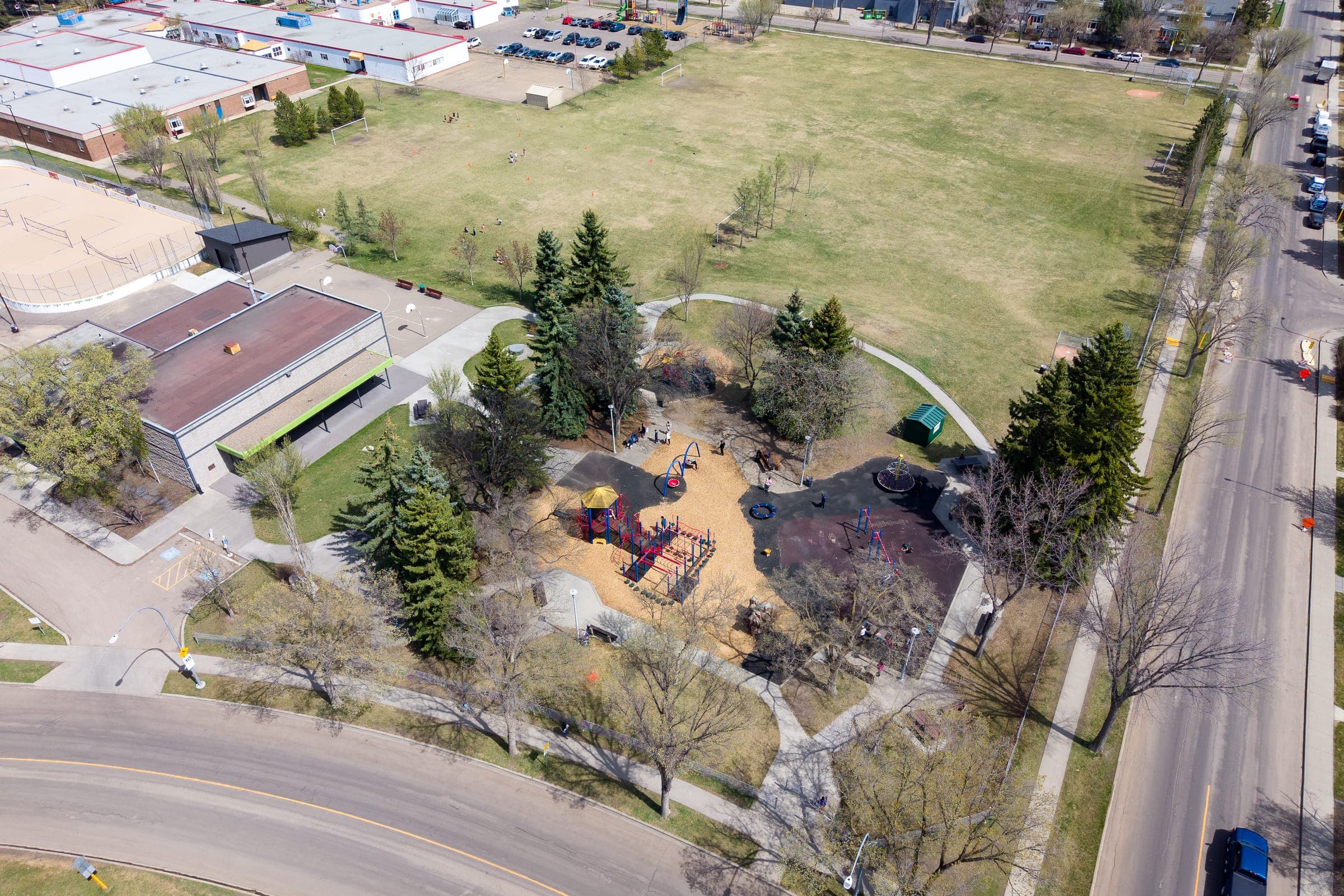 Aerial view of an Edmonton community school and its adjoining park